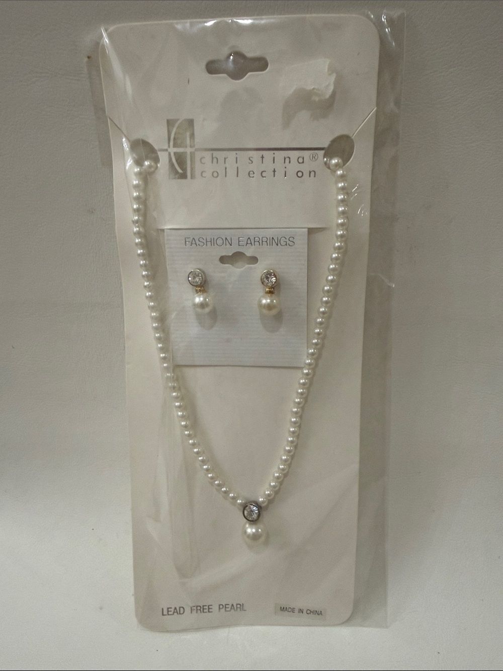 Christina White Pearl Gold Adjustable Necklace Stud Drop Earrings New